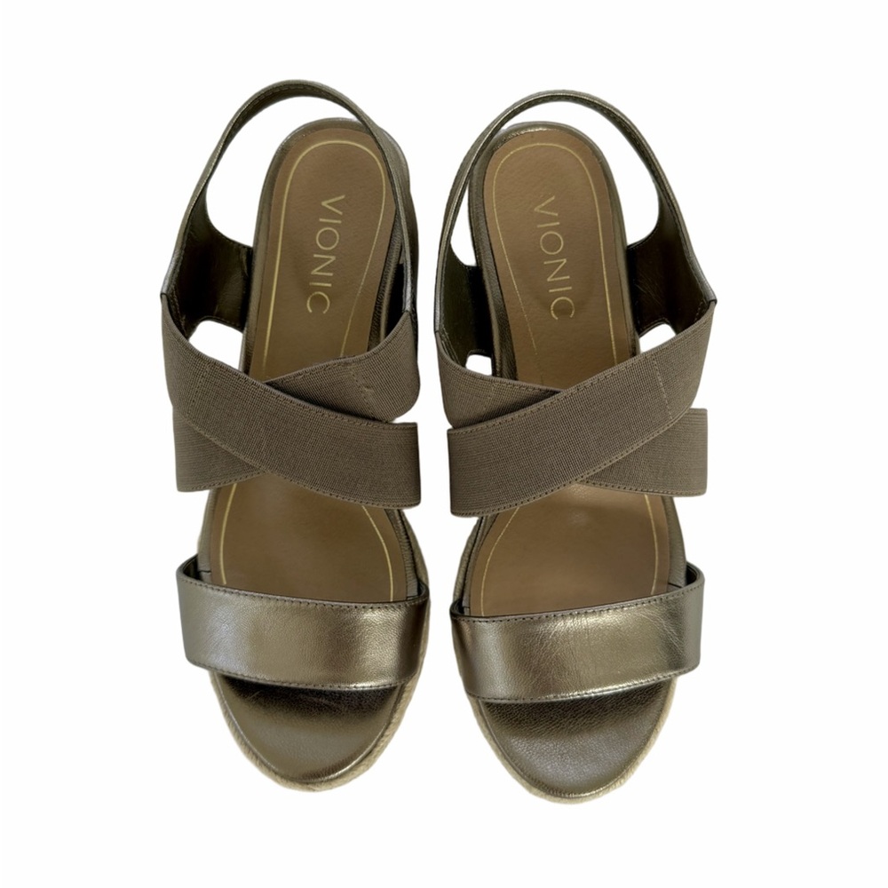 Vionic Tulum Ainsleigh Taupe Bronze Size 7 Sandals Espadrille Wedge Metallic - Picture 2 of 15